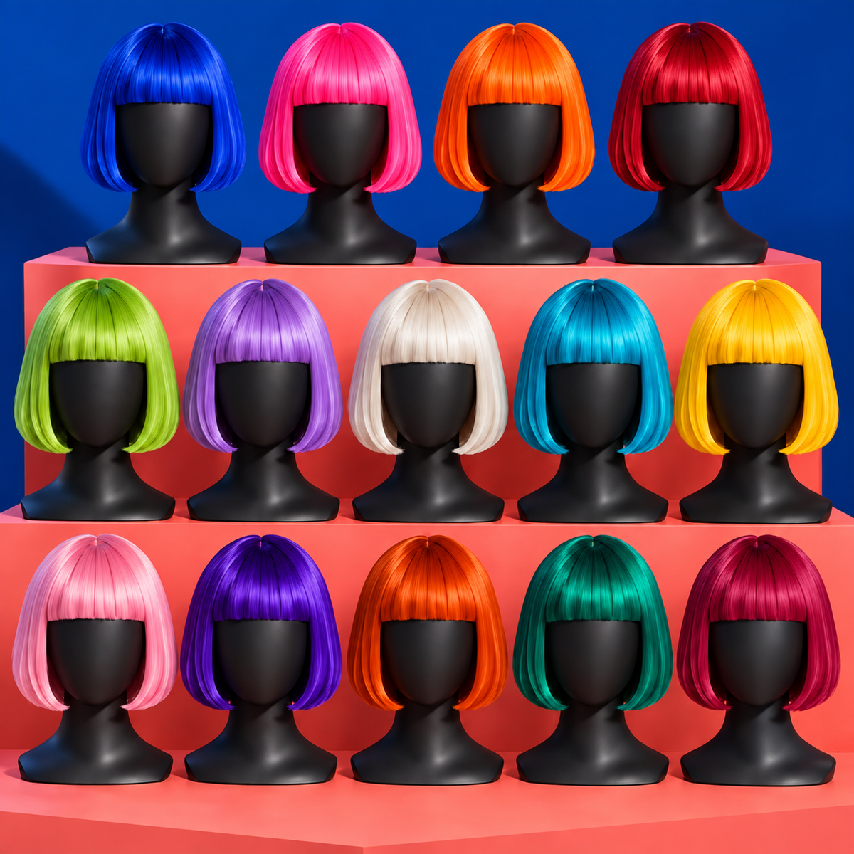 Fourteen bright-color bob wigs in a symmetrical tiered display