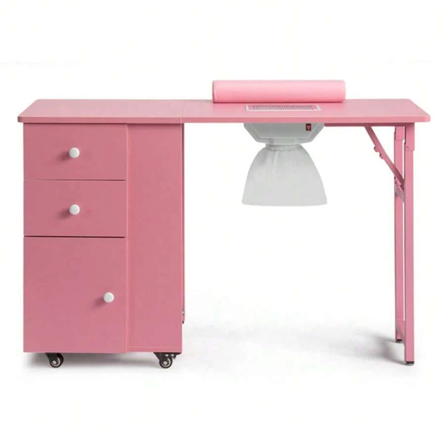 Folding Pink Nail Desk with Storage