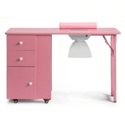 Folding Pink Nail Desk with Storage