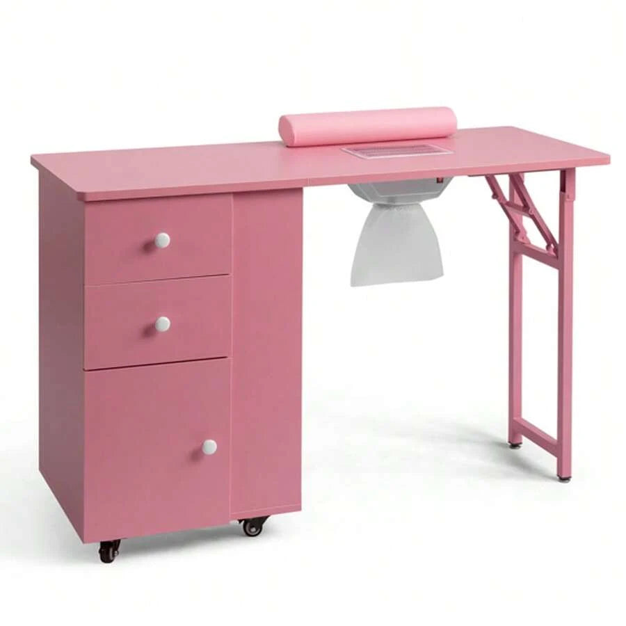 Folding Pink Nail Desk with Storage