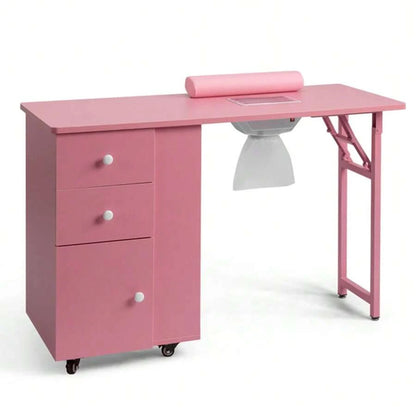 Folding Pink Nail Desk with Storage