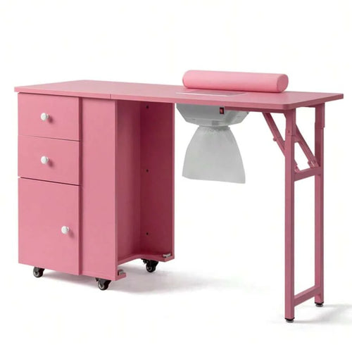 Folding Pink Nail Desk with Storage