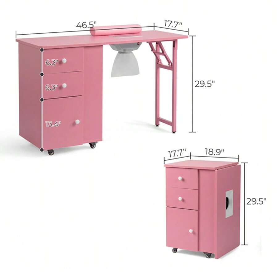 Folding Pink Nail Desk with Storage