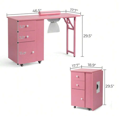 Folding Pink Nail Desk with Storage