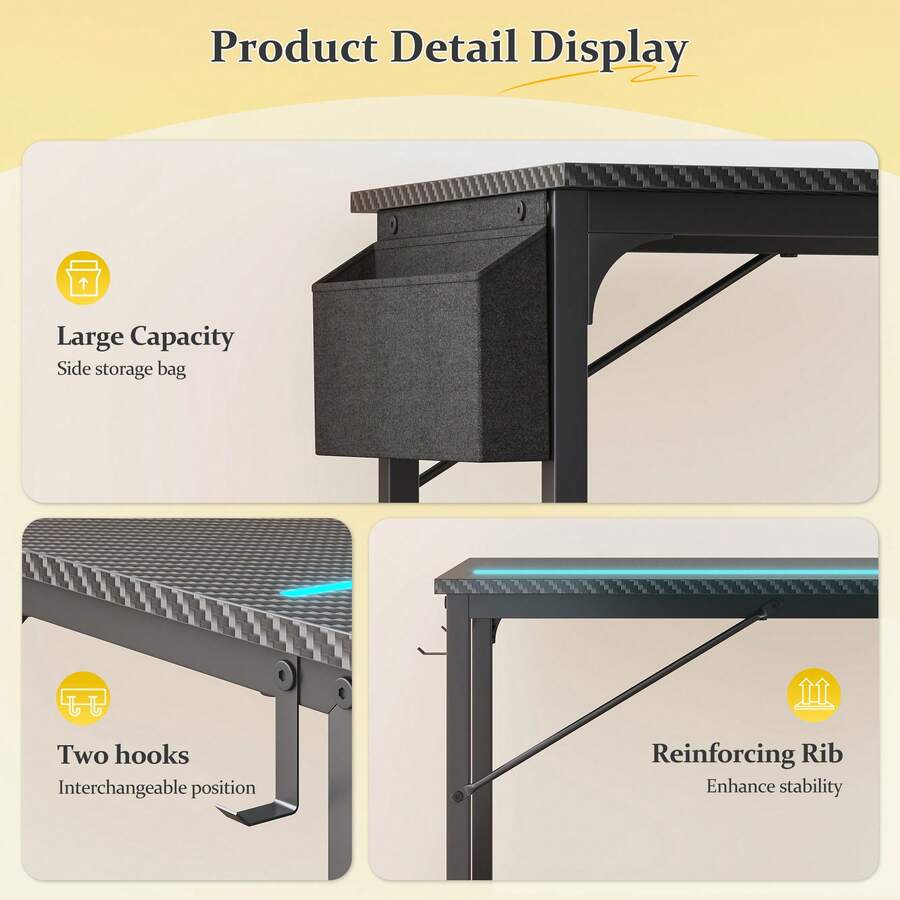 63-Inch Computer Desk with LED Lights and Storage