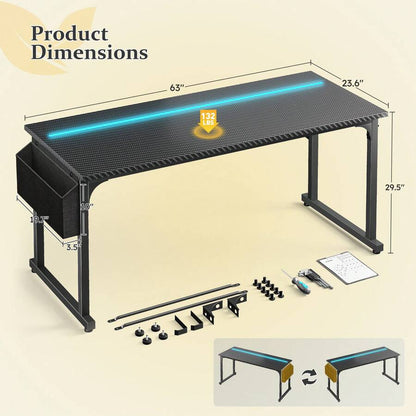 63-Inch Computer Desk with LED Lights and Storage