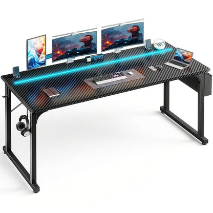 63-Inch Computer Desk with LED Lights and Storage