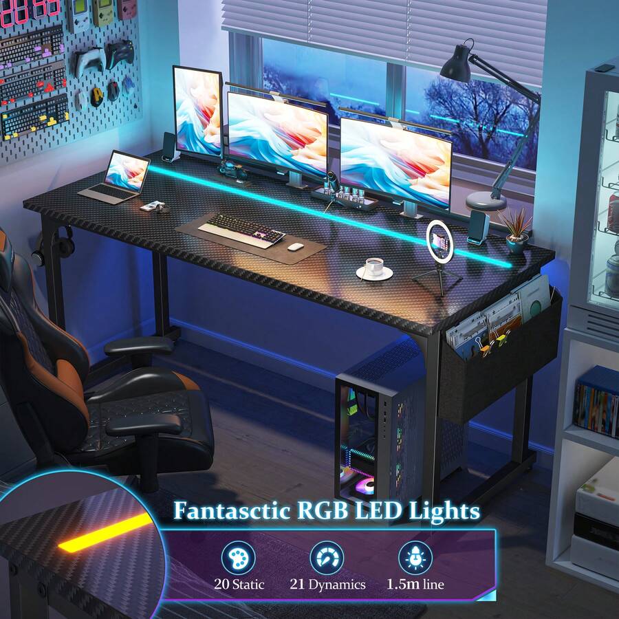 63-Inch Computer Desk with LED Lights and Storage