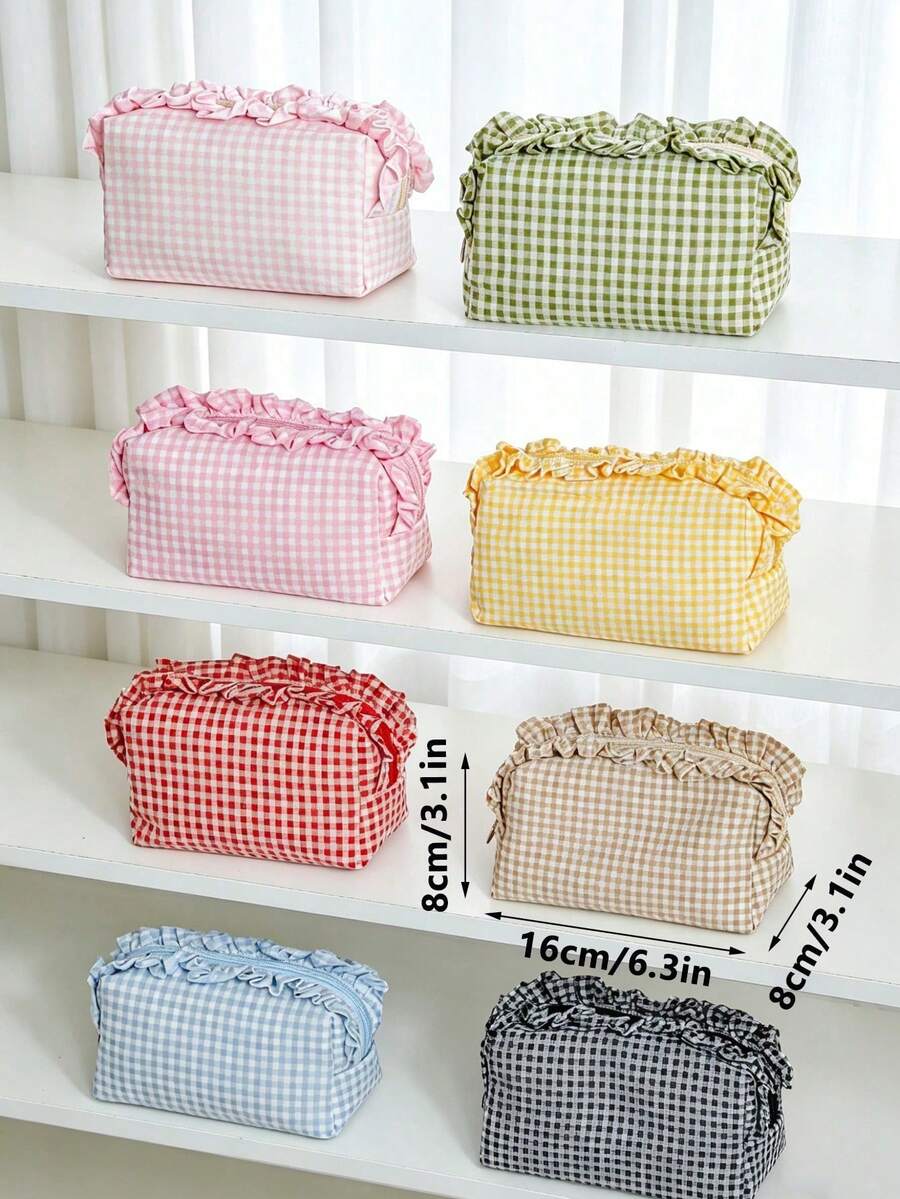 Ruffled Plaid Travel Makeup Pouch