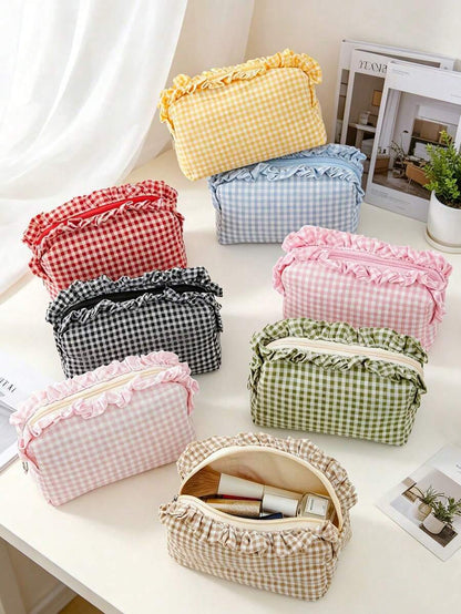 Ruffled Plaid Travel Makeup Pouch