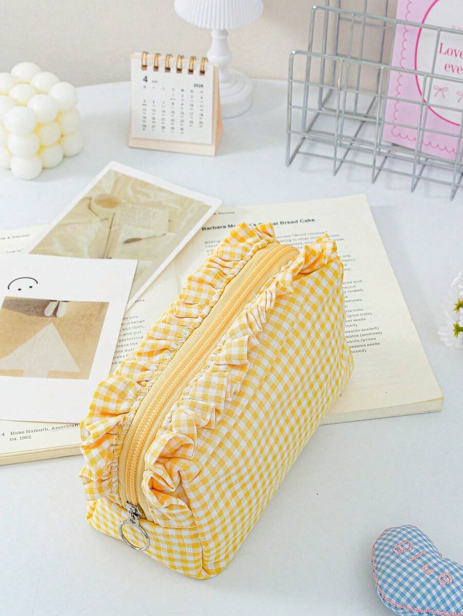 Ruffled Plaid Travel Makeup Pouch