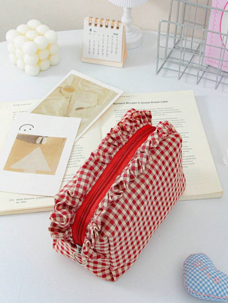 Ruffled Plaid Travel Makeup Pouch