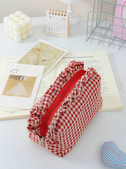Ruffled Plaid Travel Makeup Pouch