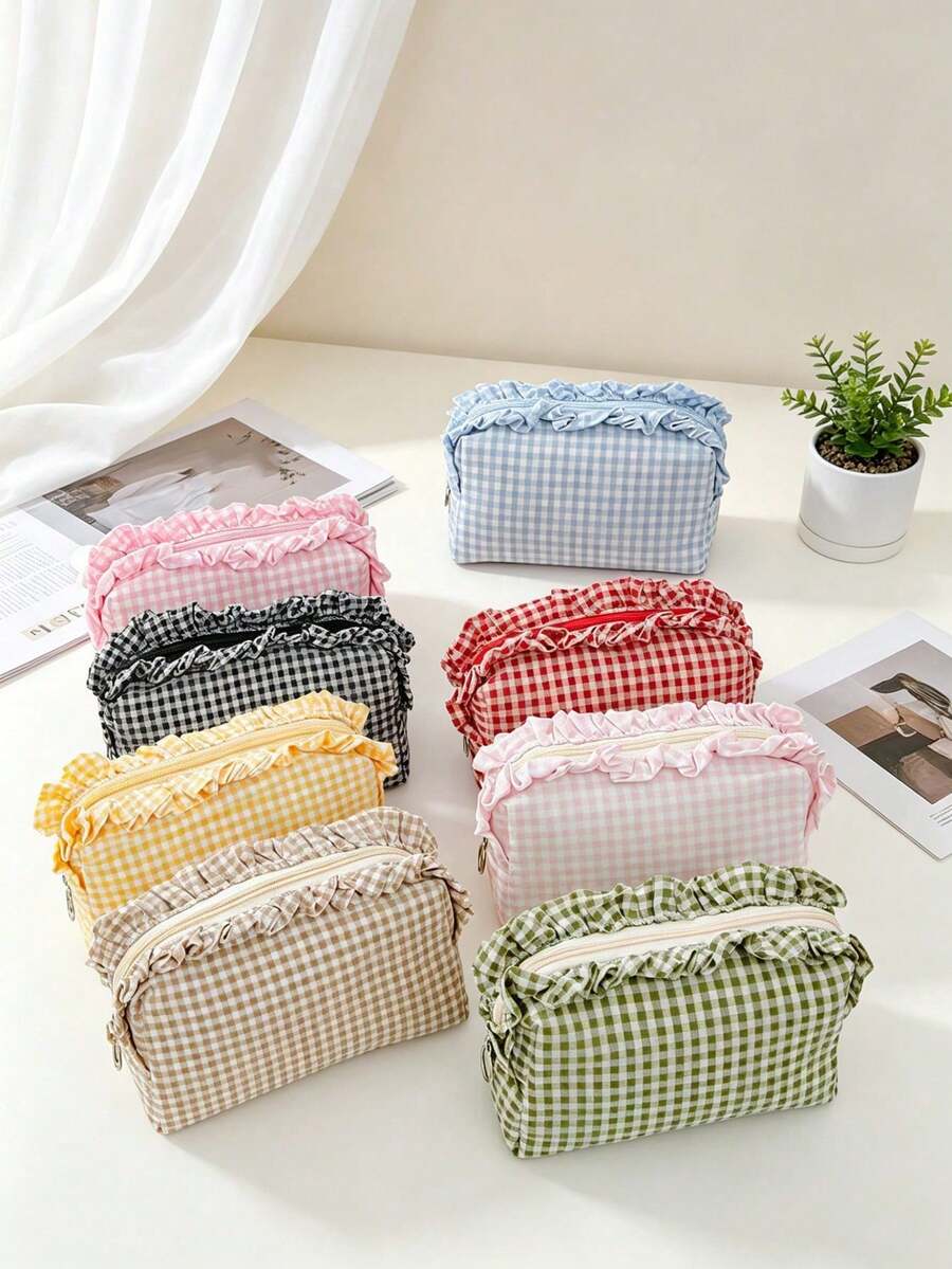 Ruffled Plaid Travel Makeup Pouch