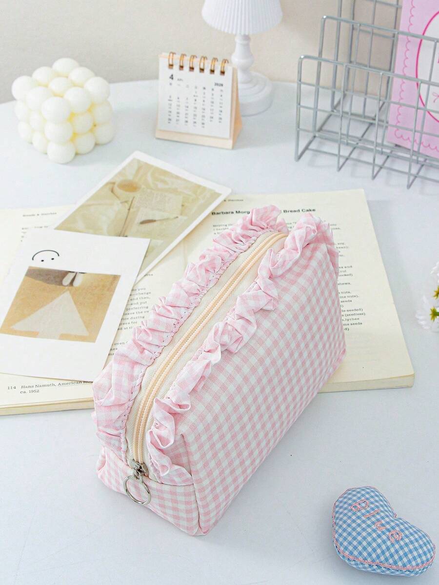 Ruffled Plaid Travel Makeup Pouch