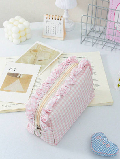Ruffled Plaid Travel Makeup Pouch