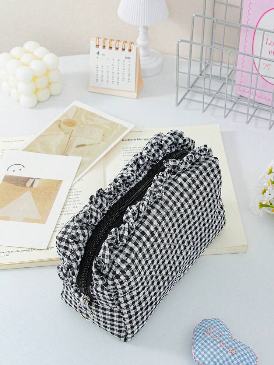 Ruffled Plaid Travel Makeup Pouch