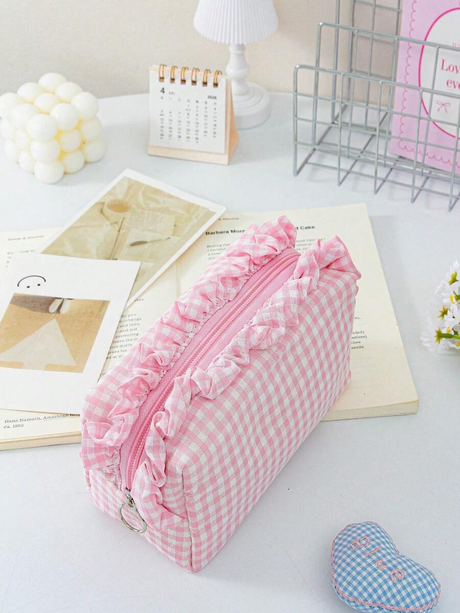 Ruffled Plaid Travel Makeup Pouch