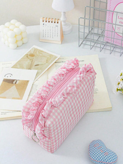 Ruffled Plaid Travel Makeup Pouch