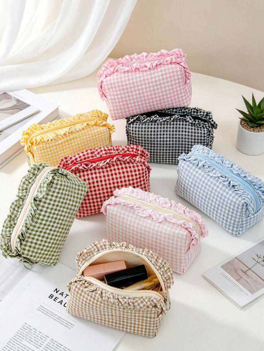 Ruffled Plaid Travel Makeup Pouch