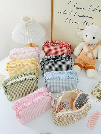 Ruffled Plaid Travel Makeup Pouch