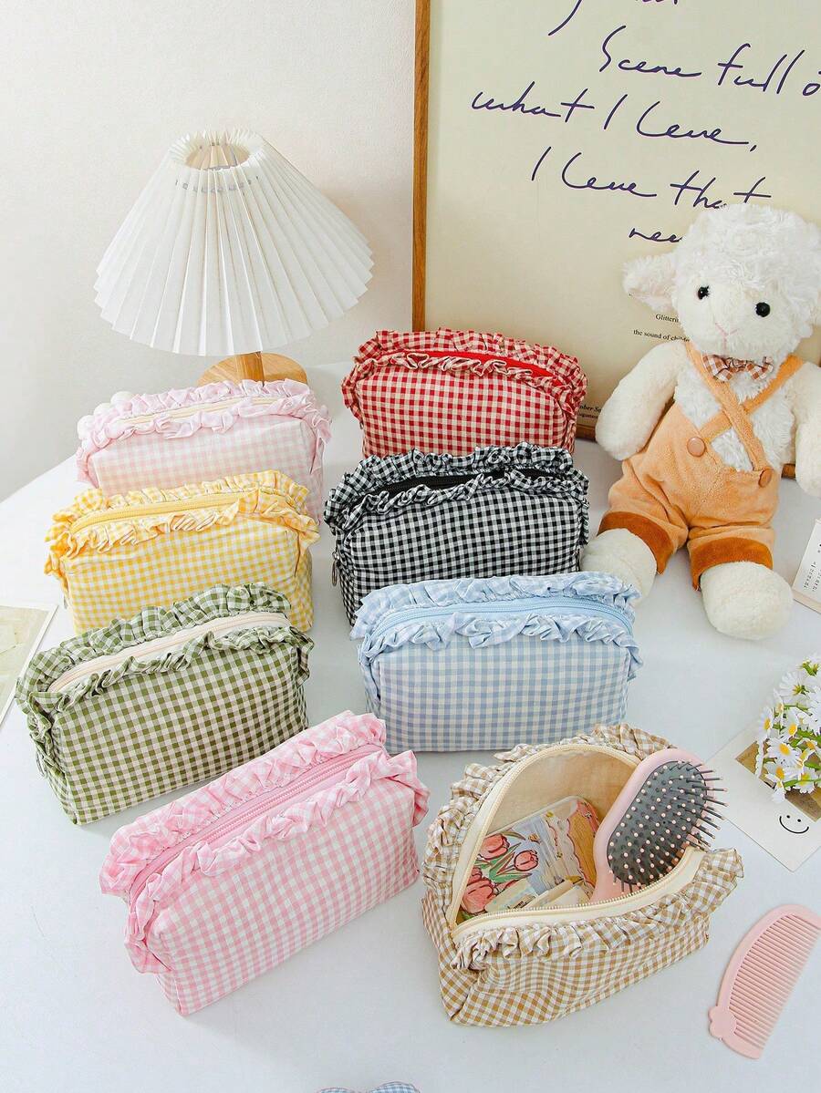 Ruffled Plaid Travel Makeup Pouch