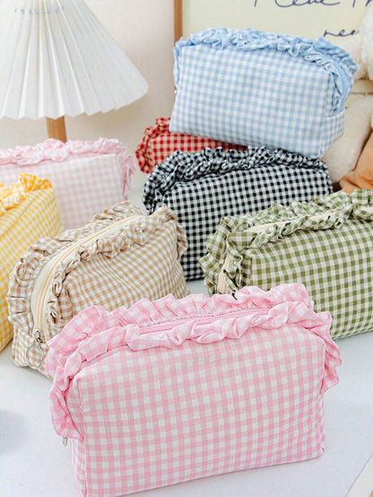 Ruffled Plaid Travel Makeup Pouch
