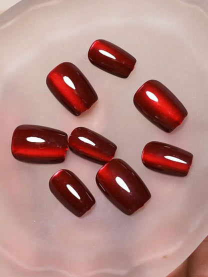 Cherry-Red Square Press-On Nail Set - 24 Pieces