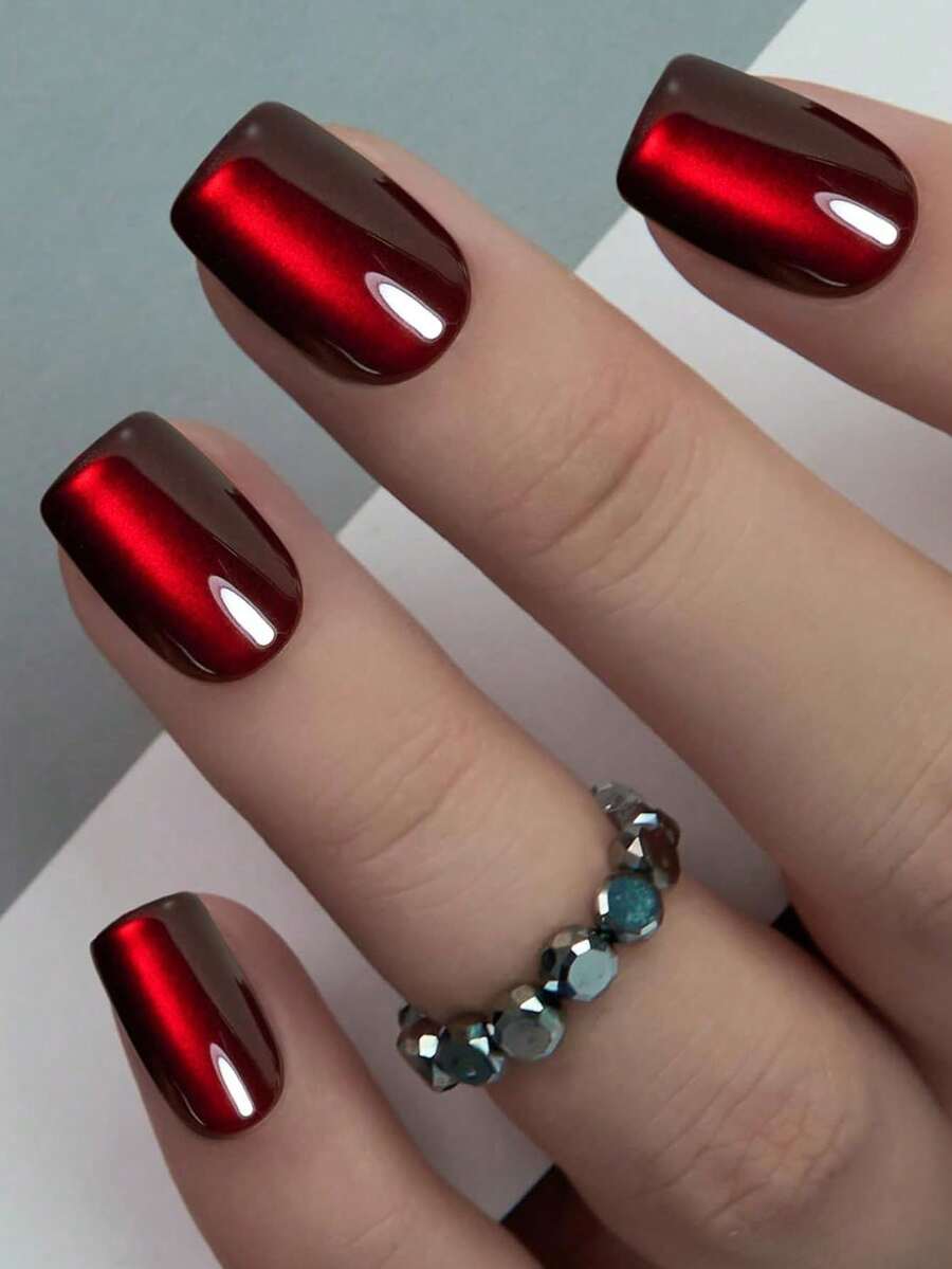 Cherry-Red Square Press-On Nail Set - 24 Pieces