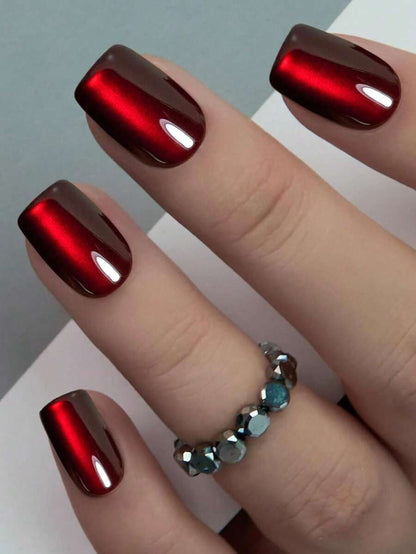 Cherry-Red Square Press-On Nail Set - 24 Pieces