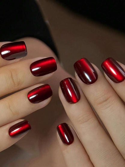 Cherry-Red Square Press-On Nail Set - 24 Pieces