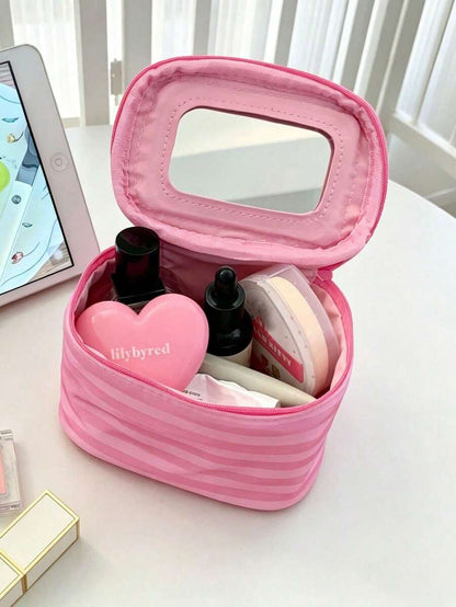 Pink Striped Makeup Organizer with Mirror