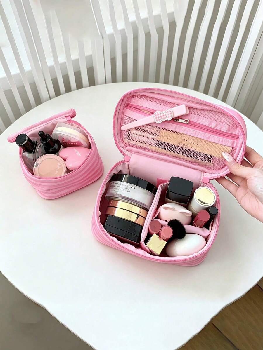 Pink Striped Makeup Organizer with Mirror