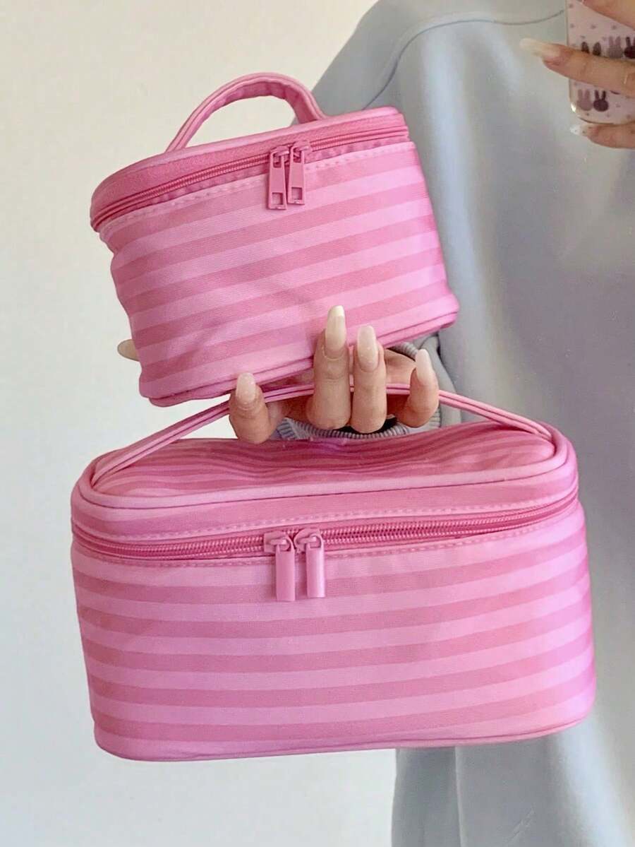 Pink Striped Makeup Organizer with Mirror