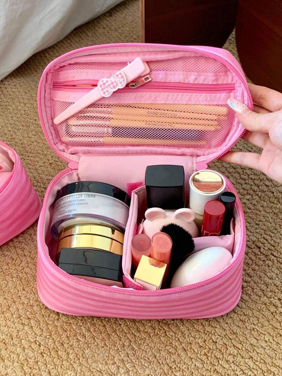 Pink Striped Makeup Organizer with Mirror