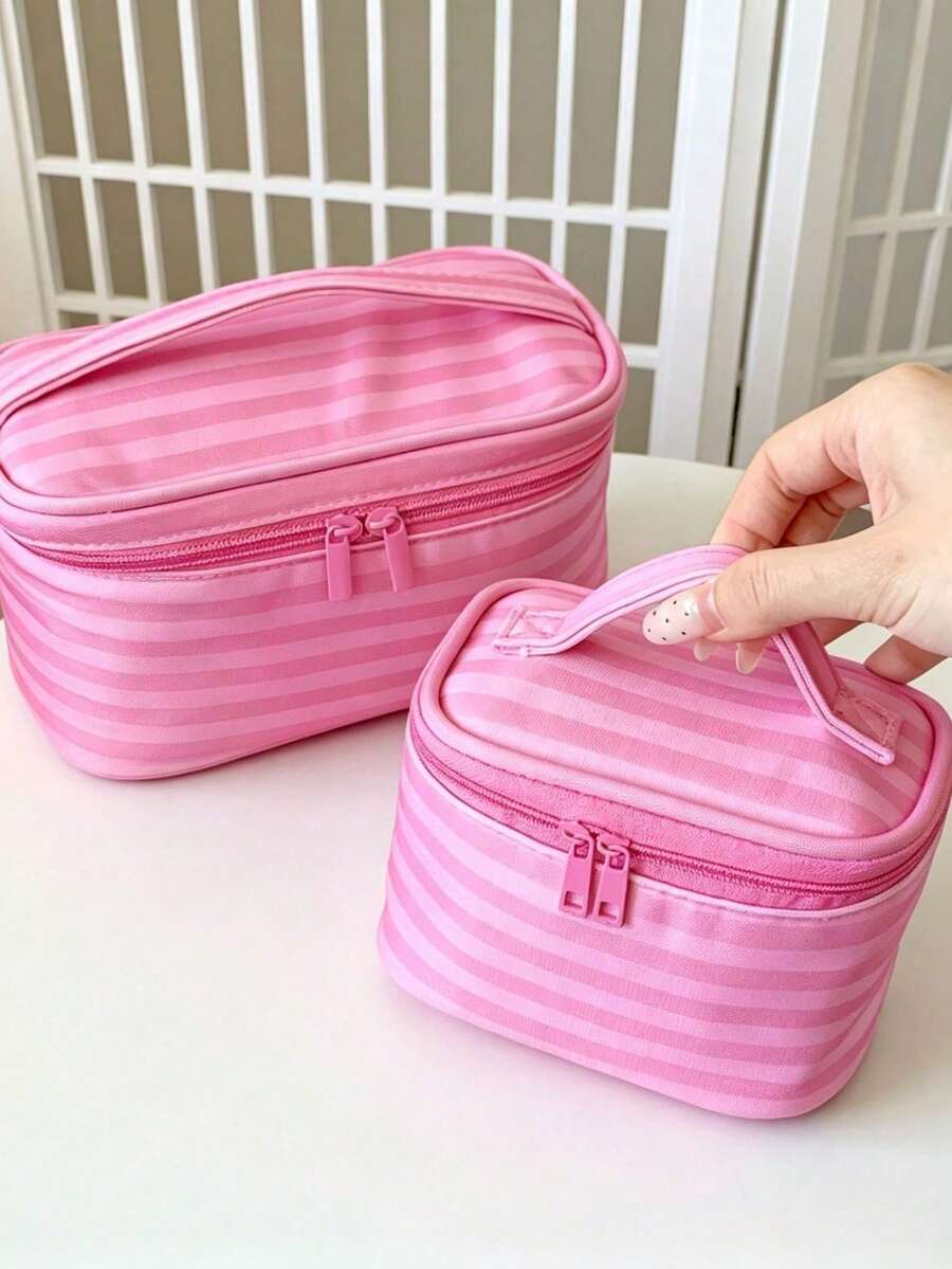 Pink Striped Makeup Organizer with Mirror