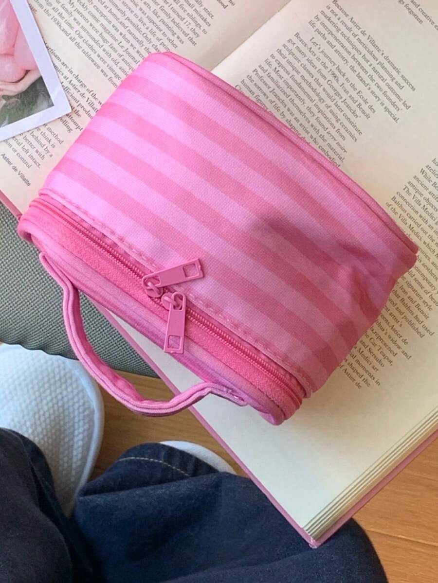 Pink Striped Makeup Organizer with Mirror