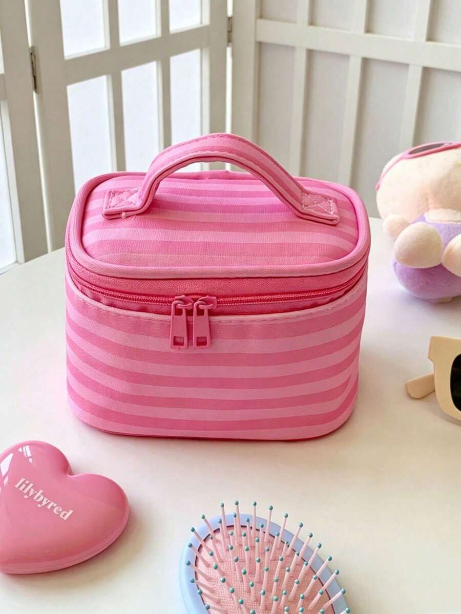 Pink Striped Makeup Organizer with Mirror