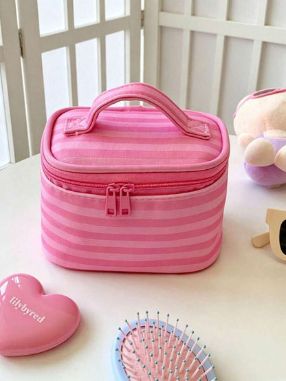 Pink Striped Makeup Organizer with Mirror