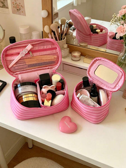 Pink Striped Makeup Organizer with Mirror