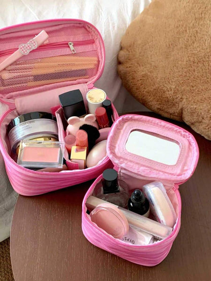 Pink Striped Makeup Organizer with Mirror