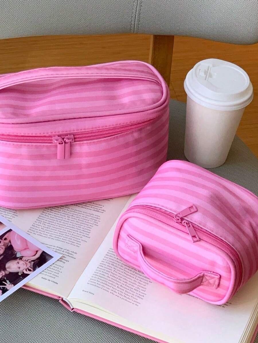 Pink Striped Makeup Organizer with Mirror