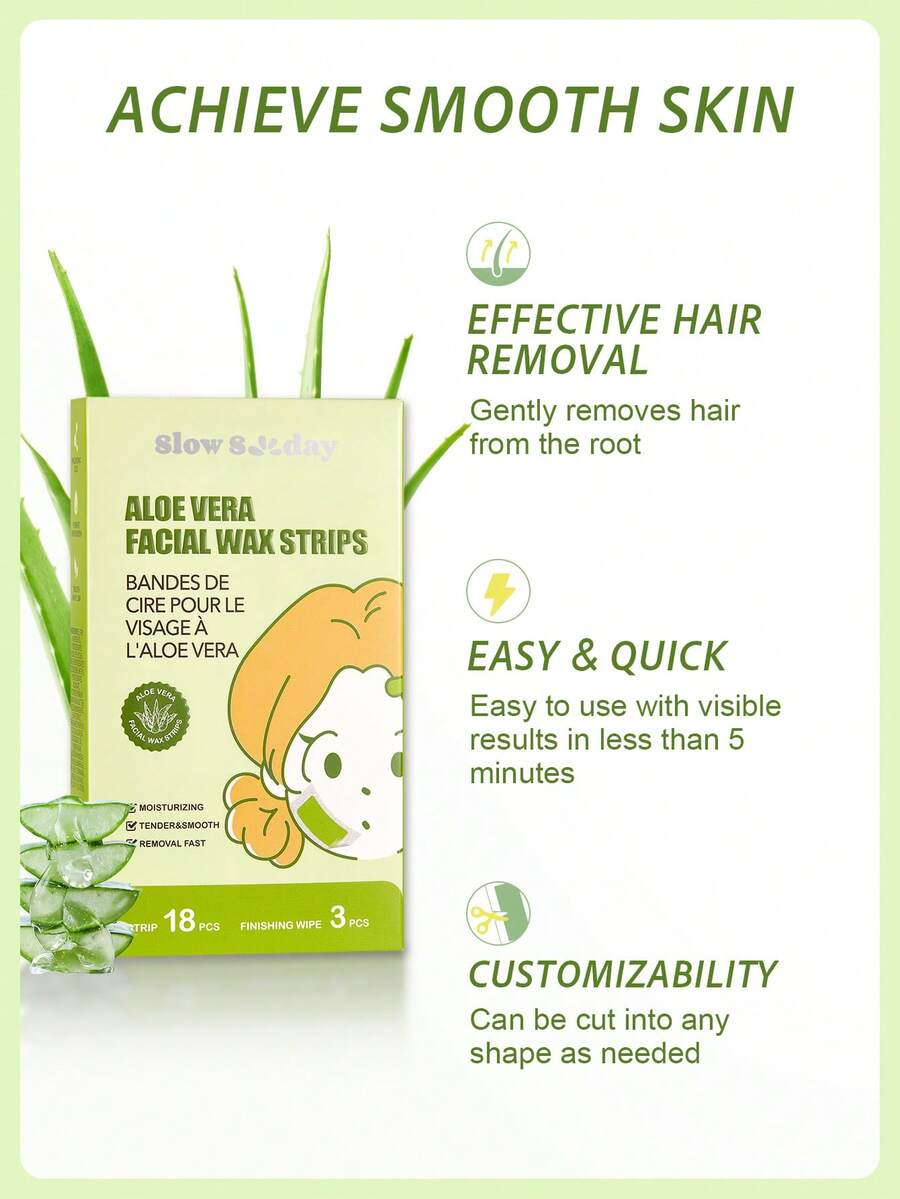 SlowSunday Aloe Vera Facial Wax Strips, Wax Hair Removal, With Oil Pack To Removes Residue, For Lips & Body & Legs & Arms, Skin & Body Care, Easy To Operate & User‑Friendly, Suitable For Summer & Autumn, Halloween