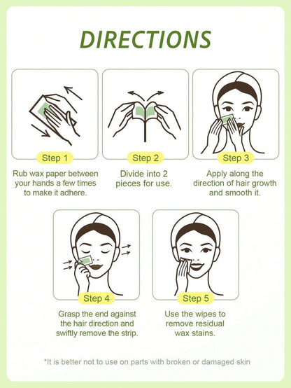 SlowSunday Aloe Vera Facial Wax Strips, Wax Hair Removal, With Oil Pack To Removes Residue, For Lips & Body & Legs & Arms, Skin & Body Care, Easy To Operate & User‑Friendly, Suitable For Summer & Autumn, Halloween