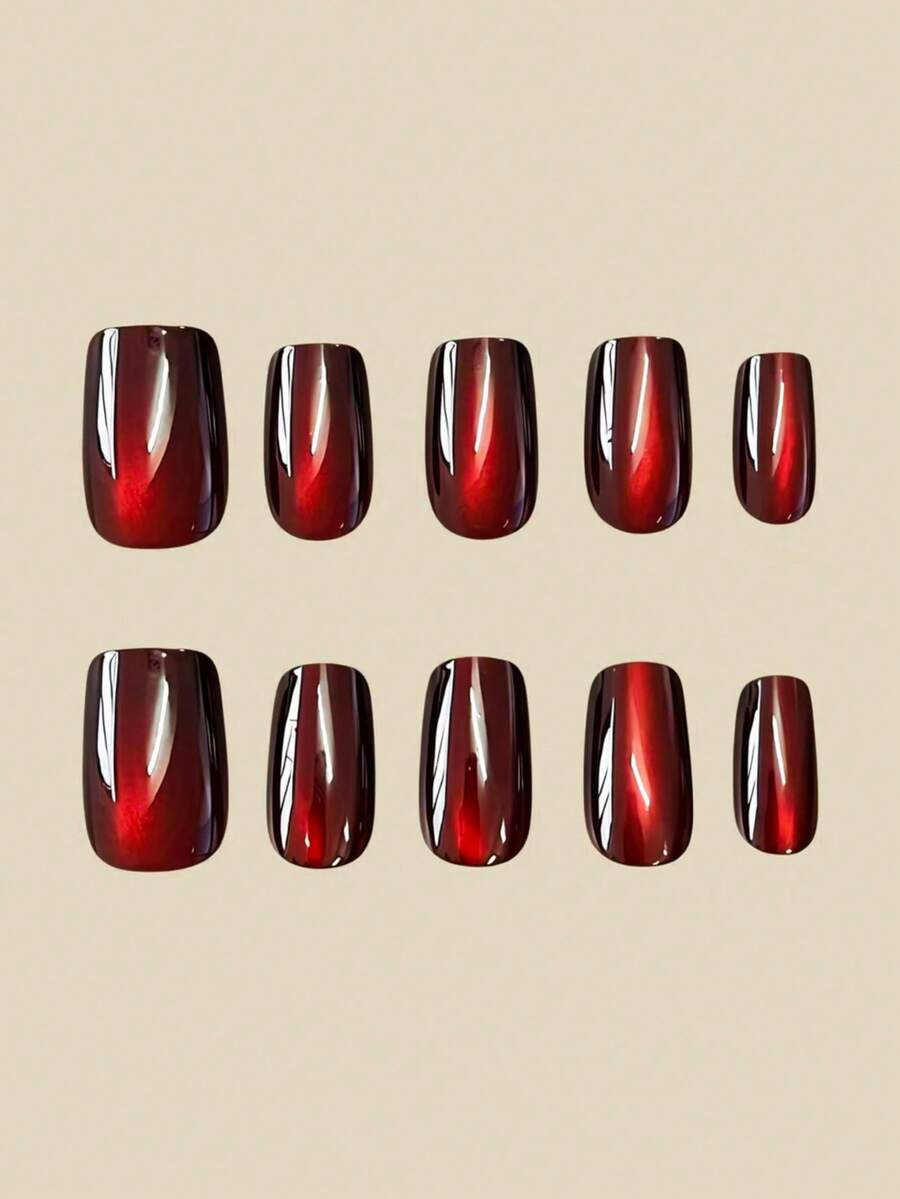 Black-to-Cherry Cat-Eye Almond Press-On Nail Set