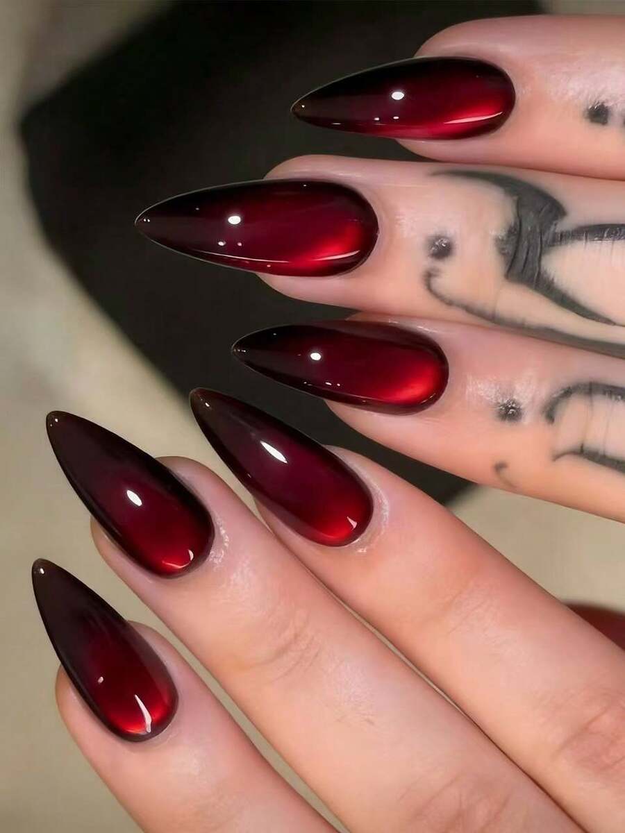 Black-to-Cherry Cat-Eye Almond Press-On Nail Set