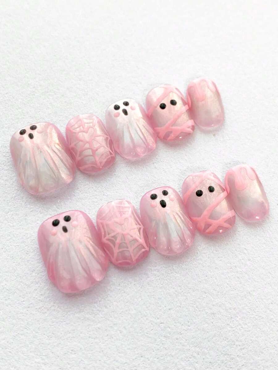 Pink Ghost and Spiderweb Press-On Nail Set
