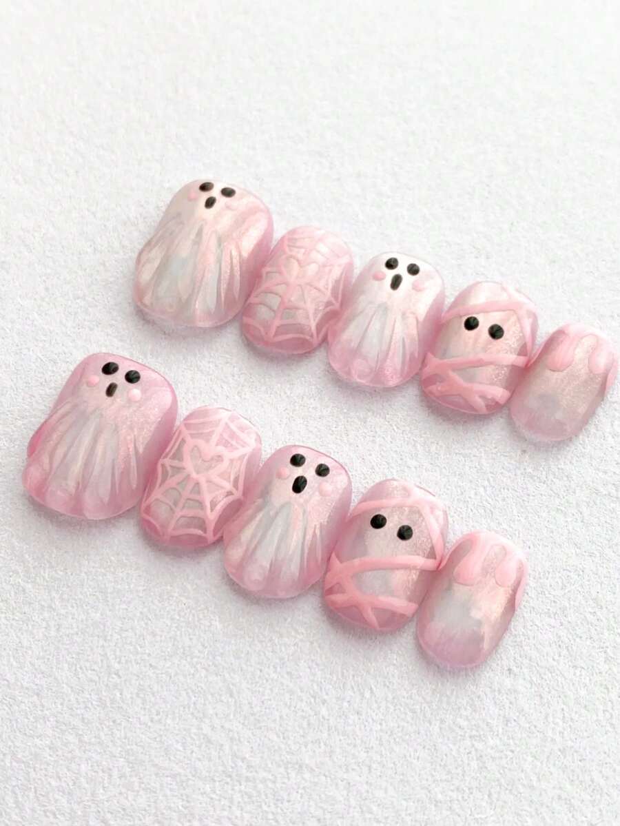 Pink Ghost and Spiderweb Press-On Nail Set
