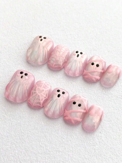 Pink Ghost and Spiderweb Press-On Nail Set
