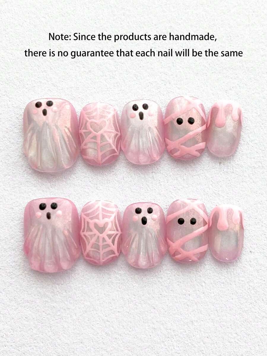 Pink Ghost and Spiderweb Press-On Nail Set